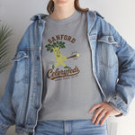 Sanford Celeryfeds Heavyweight T-Shirt in sport grey with the green cartoon celery stalk mascot swinging a bat on the front, worn by model