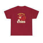 Phoenix Stars Heavyweight T-Shirt in cardinal red with the Phoenix Stars logo, a red phoenix bird holding a bat, ringed by stars on the front