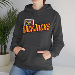 Reno BlackJacks Hoodie in dark heather with the Reno BlackJacks logo, a Jack of Spades holding a bat above slanted BlackJacks lettering on the front, worn by model