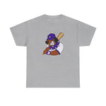 Merrillville Muddogs Heavyweight T-Shirt in sport grey with the Merrillville Muddogs logo, a snarling bulldog in a purple cap holding a bat on the front