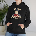 Salem Raglans Hoodie in black with the Salem Raglans logo, a mustached ballplayer in a raglan shirt on the front, worn by model