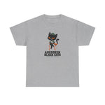 Aberdeen Black Cats Heavyweight T-Shirt in sport grey with the Aberdeen Black Cats logo, a black cat in a green cap and jersey sitting on a baseball holding a bat on the front