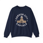 Carson City Capitals Crewneck Sweatshirt in navy with the Carson City Capitals logo, a domed state capitol building inside a ring of block lettering on the front