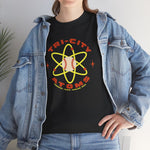 Tri-City Atoms Heavyweight T-Shirt in black with the Tri-City Atoms logo, a baseball at the center of a yellow atom with orbiting electrons on the front, worn by model
