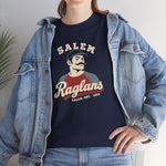 Salem Raglans Heavyweight T-Shirt in navy with the Salem Raglans logo, a mustached ballplayer in a raglan shirt on the front, worn by model