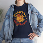 Roswell Sunshiners Heavyweight T-Shirt in navy with the Roswell Sunshiners logo, a smiling baseball sun in a red cap, with Sunshiners in red script on the front, worn by model