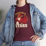 Phoenix Stars Heavyweight T-Shirt in maroon with the Phoenix Stars logo, a red phoenix bird holding a bat, ringed by stars on the front, worn by model