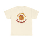 Roswell Sunshiners Heavyweight T-Shirt in natural with the Roswell Sunshiners logo, a smiling baseball sun in a red cap, with Sunshiners in red script on the front