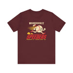 Woonsocket Speeders Premium Lightweight T-Shirt in maroon with the Woonsocket Speeders logo, a running baseball character with speed lines and its cap flying off, over Speeders in bold red italic letters on the front