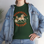 Woonsocket Trotters Heavyweight T-Shirt in forest green with the Woonsocket Trotters logo, a harness racing driver in a baseball cap behind a trotting horse, the sulky wheel drawn as a baseball on the front, worn by model