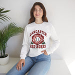 Lancaster Red Roses Crewneck Sweatshirt in white with the Lancaster Red Roses logo, a red rose with a baseball at its center on the front, worn by model