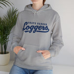 Grays Harbor Loggers Hoodie in sport grey with the Grays Harbor Loggers logo, script lettering with a tail swash on the front, worn by model