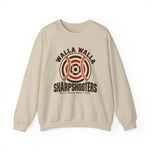 Walla Walla Sharpshooters Crewneck Sweatshirt in sand with the Walla Walla Sharpshooters logo, a bullseye target crossed by baseball stitching on the front
