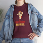 Providence Rubes Heavyweight T-Shirt in maroon with the Providence Rubes logo, a 1920s pitcher in a straw farmer's hat with a stalk of wheat in his teeth at the top of his leg kick, over Providence Rubes 1926 Champions on the front, worn by model