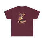 Atlanta Pretzels Heavyweight T-Shirt in maroon with the cream cartoon baker holding a pretzel and basket on the front