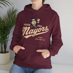 Jackson - Ionia Mayors Hoodie in maroon with the top hatted mayor character in a navy suit tossing a baseball on the front, worn by model