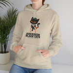 Aberdeen Black Cats Hoodie in sand with the Aberdeen Black Cats logo, a black cat in a green cap and jersey sitting on a baseball holding a bat on the front, worn by model