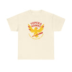 Cream heavyweight cotton Topeka Hawks vintage baseball team T-shirt with red and yellow hawk graphic and text