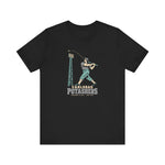 Carlsbad Potashers Premium Lightweight T-Shirt in black with the Carlsbad Potashers logo, a miner in a hard hat and headlamp finishing his swing as the ball arcs over a ballpark light tower, with Potashers in block letters on the front