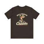 Bellingham Chinooks Premium Lightweight T-Shirt in brown with the Bellingham Chinooks logo, a leaping chinook salmon in a ball cap above splashing water and script lettering on the front