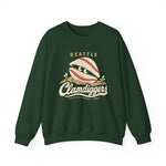 Seattle Clamdiggers Crewneck Sweatshirt in forest green with the Seattle Clamdiggers logo, a clam shell made from a baseball half-buried in a tide flat on the front