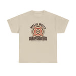 Walla Walla Sharpshooters Heavyweight T-Shirt in sand with the Walla Walla Sharpshooters logo, a bullseye target crossed by baseball stitching on the front