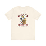 Olympia Senators Premium Lightweight T-Shirt in natural with the Olympia Senators logo, a bearded senator in a frock coat at a podium with a bat on the front