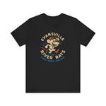 Black vintage-style t-shirt with Evansville River Rats retro baseball team logo and mascot graphic on front