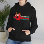 East Chicago Conquistadors Hoodie in black with the East Chicago Conquistadors logo, a feathered baseball crest over striped lettering on the front, worn by model