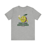 Portland Green Gages Premium Lightweight T-Shirt in athletic heather with the Portland Green Gages logo, a cartoon green plum tossing a baseball on the front