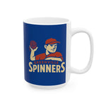 White ceramic mug with Greenville Spinners baseball player logo in red and beige on blue background, 11oz or 15oz size.