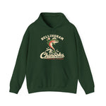 Bellingham Chinooks Hoodie in forest green with the Bellingham Chinooks logo, a leaping chinook salmon in a ball cap above splashing water and script lettering on the front