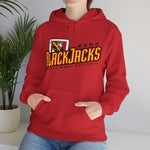 Reno BlackJacks Hoodie in red with the Reno BlackJacks logo, a Jack of Spades holding a bat above slanted BlackJacks lettering on the front, worn by model