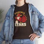 Phoenix Stars Heavyweight T-Shirt in dark chocolate with the Phoenix Stars logo, a red phoenix bird holding a bat, ringed by stars on the front, worn by model
