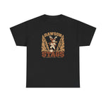 Dawson Stags Heavyweight T-Shirt in black with the Dawson Stags logo, a stag ballplayer with a bat on his shoulder between canyon walls, with Stags in brown block letters on the front