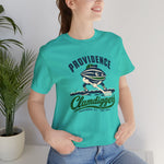 Providence Clamdiggers Premium Lightweight T-Shirt in teal with the Providence Clamdiggers logo, a quahog clam character in a green cap raking a Narragansett Bay mudflat, with Clamdiggers in green script on the front, worn by model