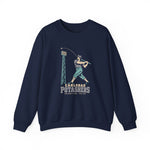 Carlsbad Potashers Crewneck Sweatshirt in navy with the Carlsbad Potashers logo, a miner in a hard hat and headlamp finishing his swing as the ball arcs over a ballpark light tower, with Potashers in block letters on the front