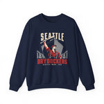 Seattle Drydockers Crewneck Sweatshirt in navy with the Seattle Drydockers logo, a shipyard worker raising a bat in front of a ship in drydock on the front