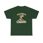 Bellingham Chinooks Heavyweight T-Shirt in forest green with the Bellingham Chinooks logo, a leaping chinook salmon in a ball cap above splashing water and script lettering on the front