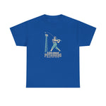 Carlsbad Potashers Heavyweight T-Shirt in royal with the Carlsbad Potashers logo, a miner in a hard hat and headlamp finishing his swing as the ball arcs over a ballpark light tower, with Potashers in block letters on the front
