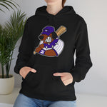 Merrillville Muddogs Hoodie in black with the Merrillville Muddogs logo, a snarling bulldog in a purple cap holding a bat on the front, worn by model