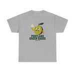 Portland Green Gages Heavyweight T-Shirt in sport grey with the Portland Green Gages logo, a cartoon green plum tossing a baseball on the front
