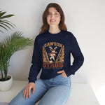 Dawson Stags Crewneck Sweatshirt in navy with the Dawson Stags logo, a stag ballplayer with a bat on his shoulder between canyon walls, with Stags in brown block letters on the front, worn by model