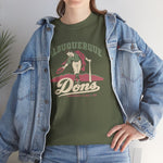 Albuquerque Dons Heavyweight T-Shirt in military green with the Albuquerque Dons logo, a caped ballplayer bowing with his hat swept off in front of pink mountains, with Dons in cream script on the front, worn by model