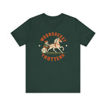 Woonsocket Trotters Premium Lightweight T-Shirt in forest with the Woonsocket Trotters logo, a harness racing driver in a baseball cap behind a trotting horse, the sulky wheel drawn as a baseball on the front
