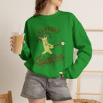 Sanford Celeryfeds Crewneck Sweatshirt in irish green with the green cartoon celery stalk mascot swinging a bat on the front, worn by model