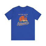 Daytona Beach Islanders Premium Lightweight T-Shirt in true royal with the orange sunset behind a palm island with stitched baseball waves on the front