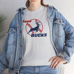 Bend Bucks Heavyweight T-Shirt in ash with the Bend Bucks logo, a leaping buck over a red-stitched baseball on the front, worn by model