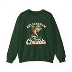 Bellingham Chinooks Crewneck Sweatshirt in forest green with the Bellingham Chinooks logo, a leaping chinook salmon in a ball cap above splashing water and script lettering on the front
