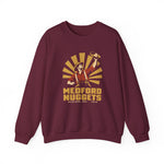 Medford Nuggets Crewneck Sweatshirt in maroon with the Medford Nuggets logo, a gold prospector catching a baseball in his pan on the front